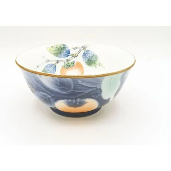 Porcelain Bowl Hand Painted Peach Persimmon Leaf 5.5 Inch Vintage Japanese Mark - Picture 5 of 14